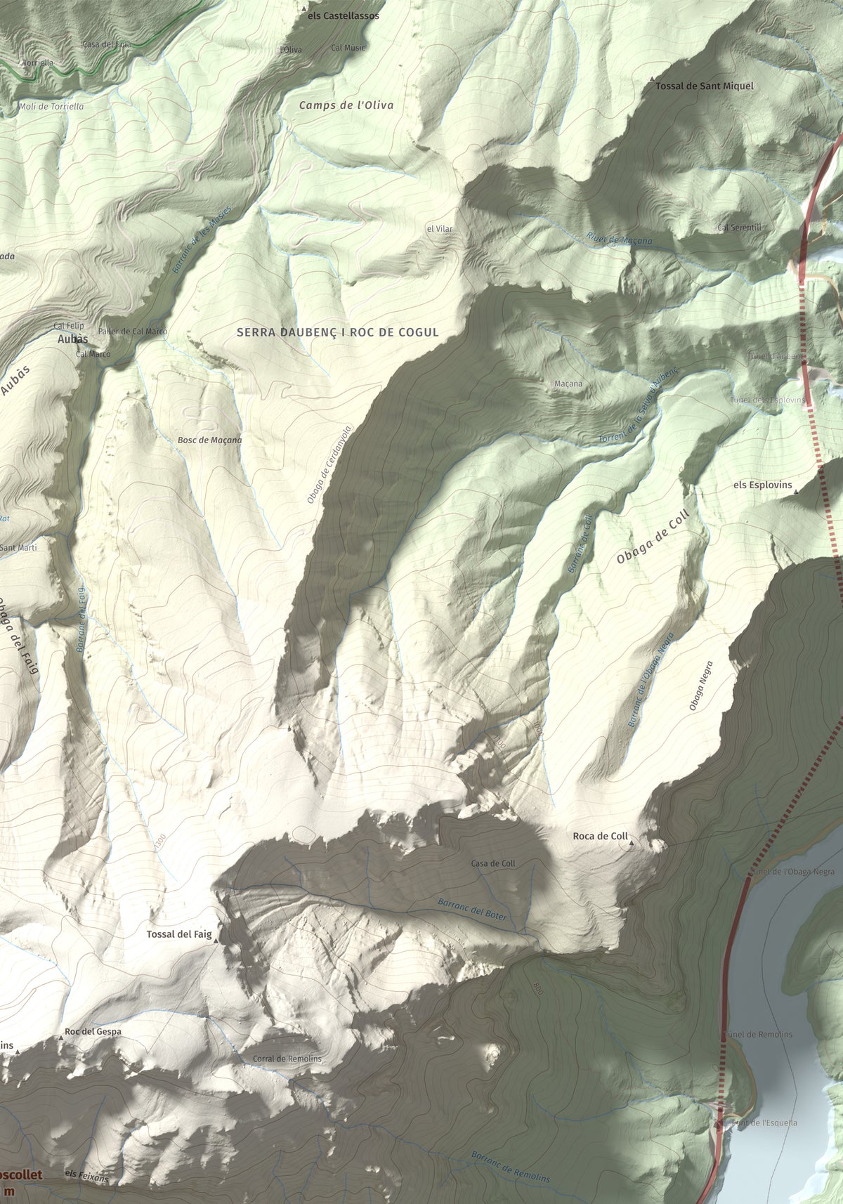 Mapa de relieve del Coscollet, 1610 m, Alt Urgell, lámina 100 Cims de Trobart. Detalle de la zona superior derecha. 70 × 100 cm.