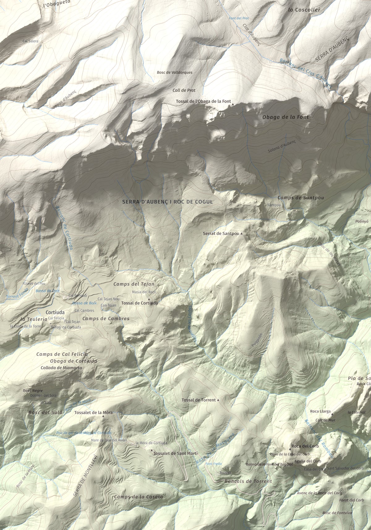 Mapa de relieve del Coscollet, 1610 m, Alt Urgell, lámina 100 Cims de Trobart. Detalle de la zona inferior izquierda. 70 × 100 cm.
