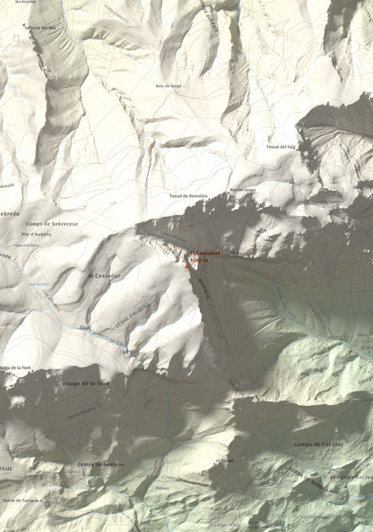 Mapa de relieve del Coscollet, 1610 m, Alt Urgell, lámina 100 Cims de Trobart. Detalle de la zona central. 70 × 100 cm.