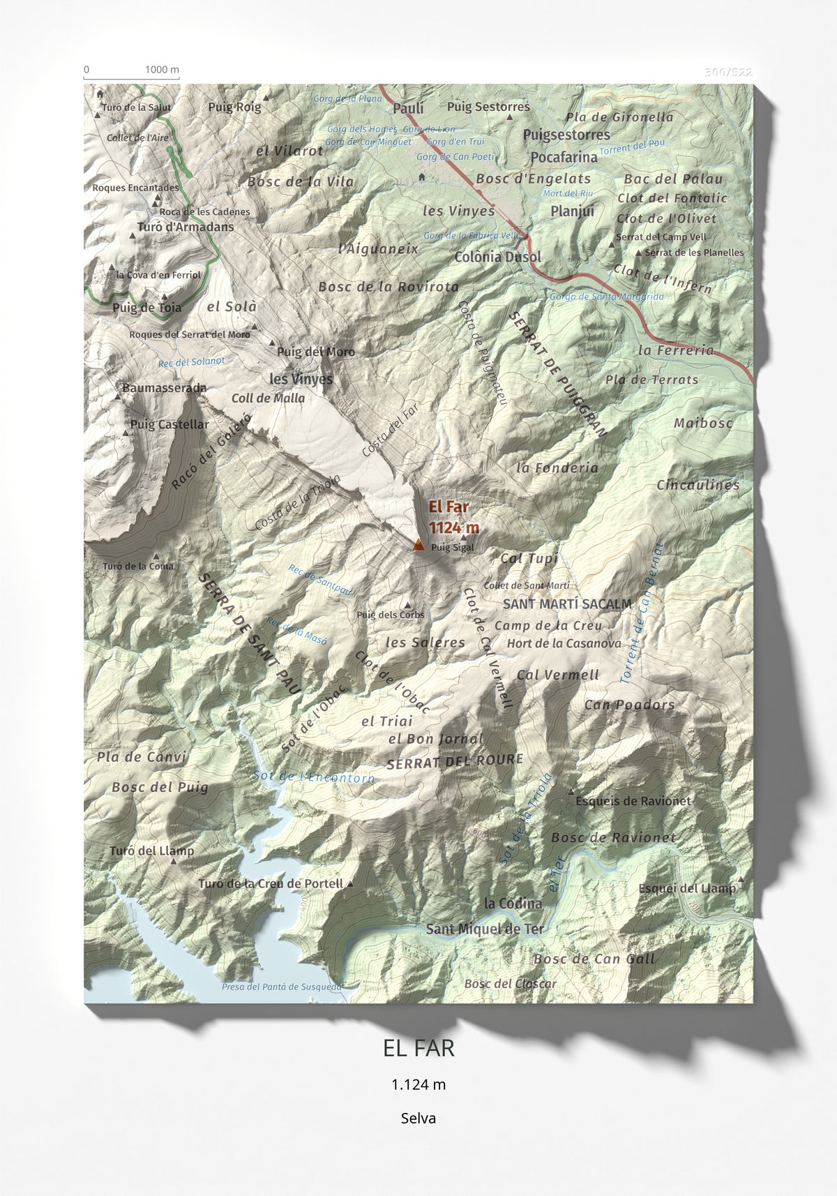 Mapa de relieve del Far, 1124 m, Selva, lámina 100 Cims de Trobart 21 × 30 cm.