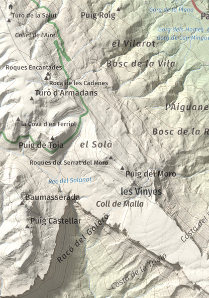 Mapa de relieve del Far, 1124 m, Selva, lámina 100 Cims de Trobart. Detalle de la zona superior izquierda. 21 × 30 cm.