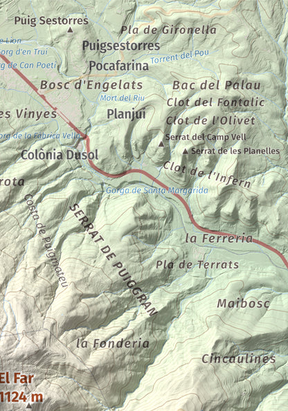 Mapa de relieve del Far, 1124 m, Selva, lámina 100 Cims de Trobart. Detalle de la zona superior derecha. 21 × 30 cm.