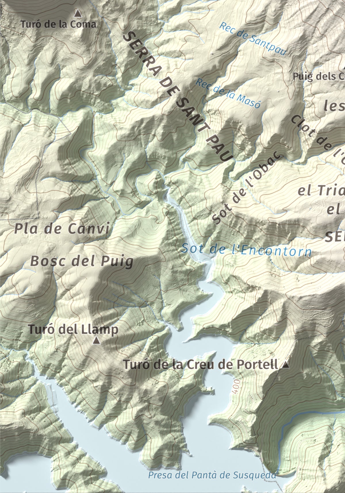 Mapa de relieve del Far, 1124 m, Selva, lámina 100 Cims de Trobart. Detalle de la zona inferior izquierda. 21 × 30 cm.