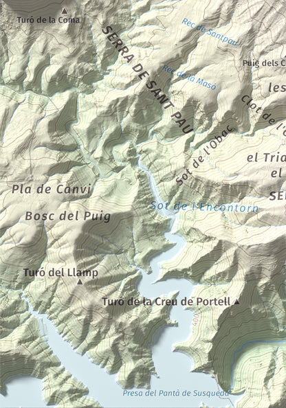 Mapa de relieve del Far, 1124 m, Selva, lámina 100 Cims de Trobart. Detalle de la zona inferior izquierda. 21 × 30 cm.