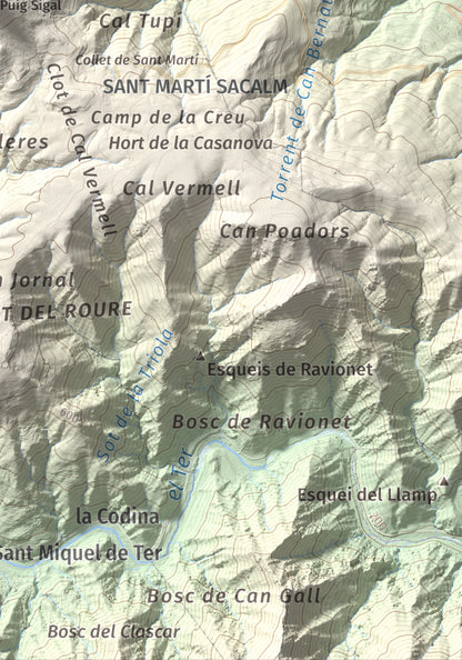 Mapa de relieve del Far, 1124 m, Selva, lámina 100 Cims de Trobart. Detalle de la zona inferior derecha. 21 × 30 cm.