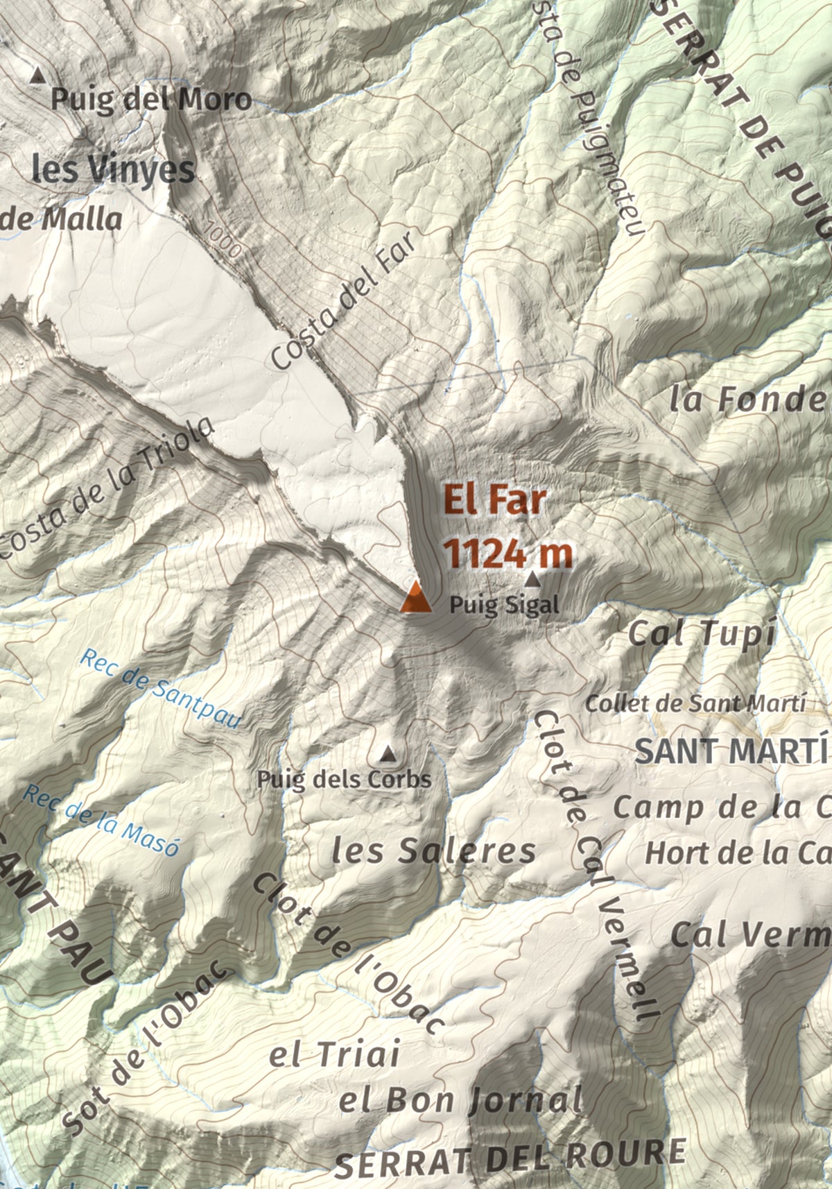 Mapa de relieve del Far, 1124 m, Selva, lámina 100 Cims de Trobart. Detalle de la zona central. 21 × 30 cm.
