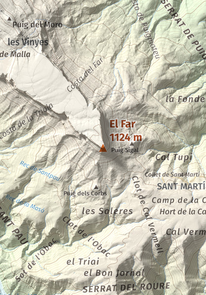 Mapa de relieve del Far, 1124 m, Selva, lámina 100 Cims de Trobart. Detalle de la zona central. 21 × 30 cm.