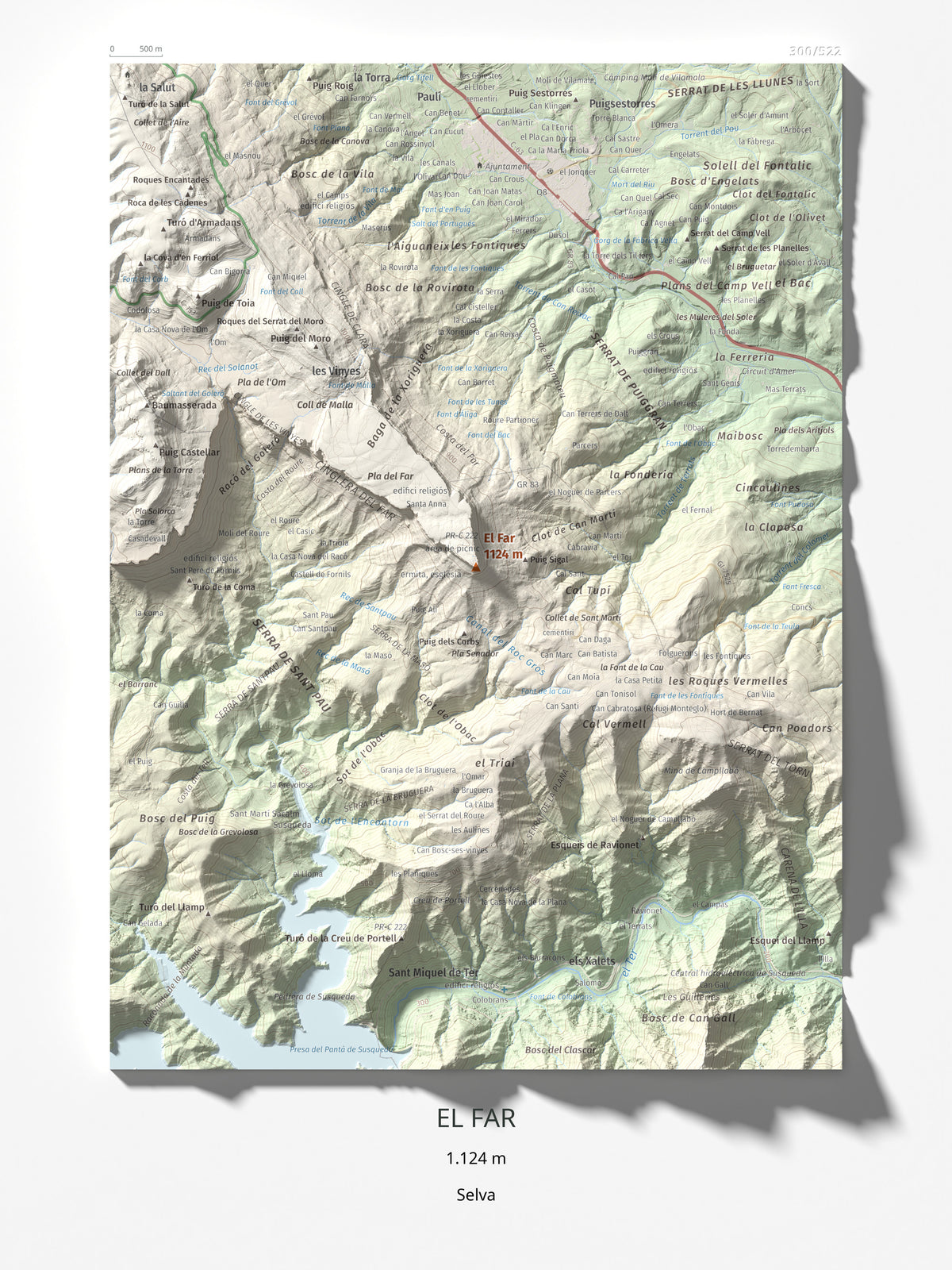 Mapa de relieve del Far, 1124 m, Selva, lámina 100 Cims de Trobart 30 × 40 cm.