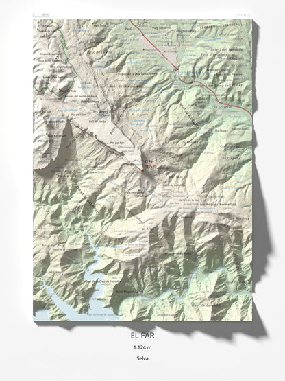 Mapa de relieve del Far, 1124 m, Selva, lámina 100 Cims de Trobart 30 × 40 cm.