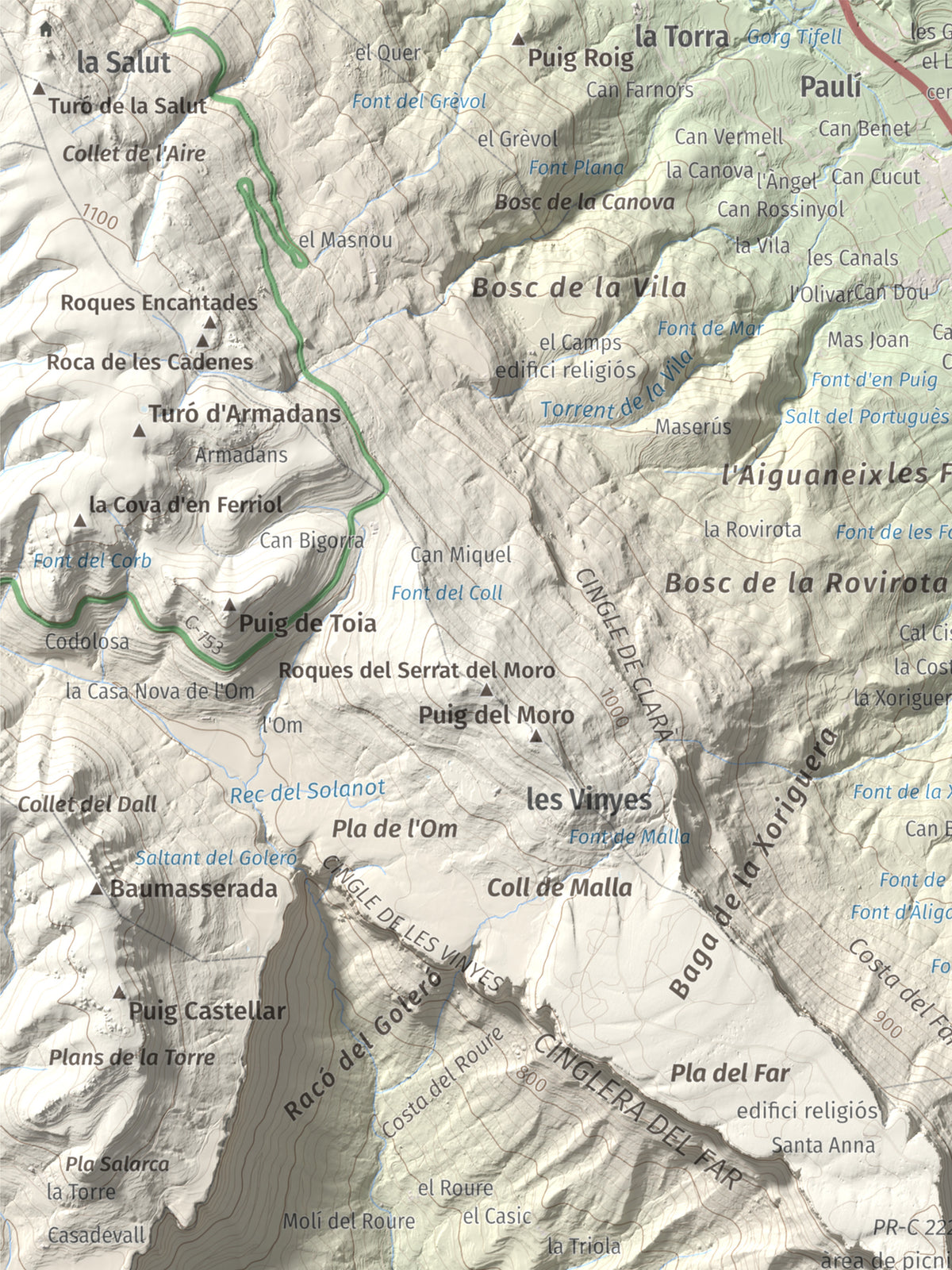 Mapa de relieve del Far, 1124 m, Selva, lámina 100 Cims de Trobart. Detalle de la zona superior izquierda. 30 × 40 cm.