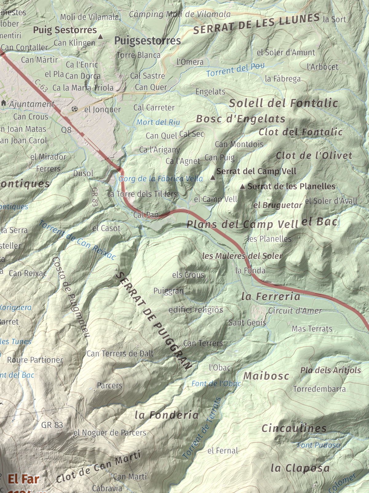 Mapa de relieve del Far, 1124 m, Selva, lámina 100 Cims de Trobart. Detalle de la zona superior derecha. 30 × 40 cm.