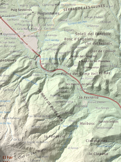 Mapa de relieve del Far, 1124 m, Selva, lámina 100 Cims de Trobart. Detalle de la zona superior derecha. 30 × 40 cm.