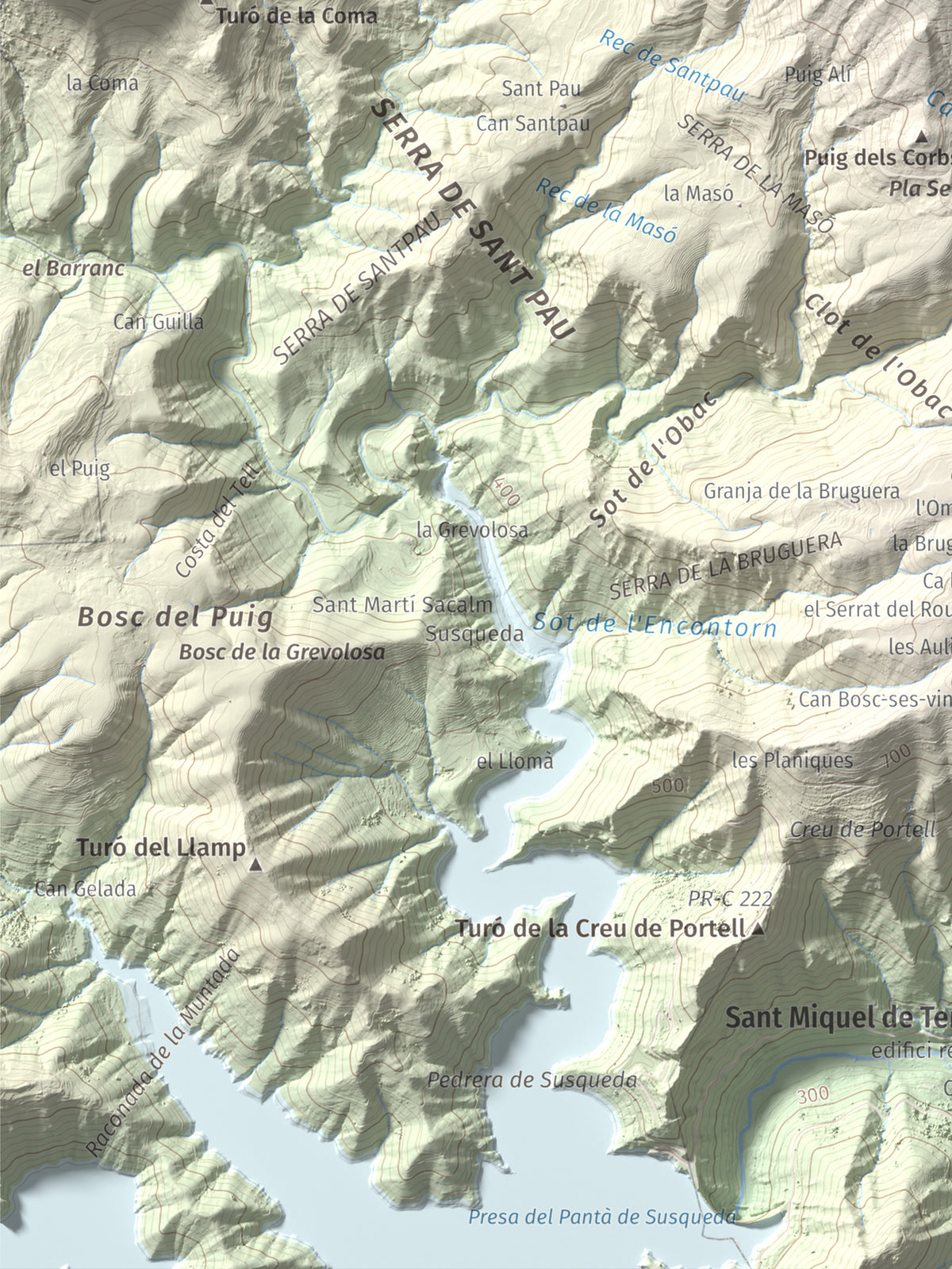Mapa de relieve del Far, 1124 m, Selva, lámina 100 Cims de Trobart. Detalle de la zona inferior izquierda. 30 × 40 cm.