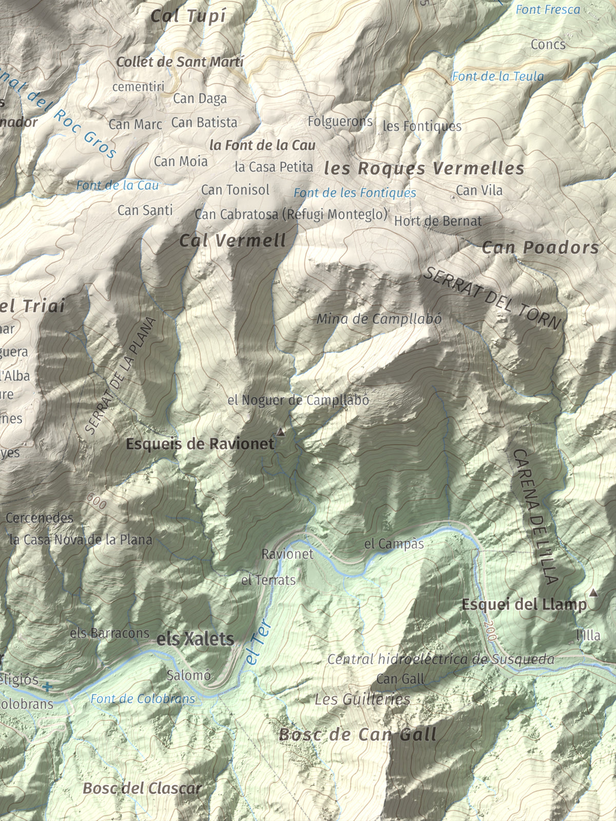 Mapa de relieve del Far, 1124 m, Selva, lámina 100 Cims de Trobart. Detalle de la zona inferior derecha. 30 × 40 cm.