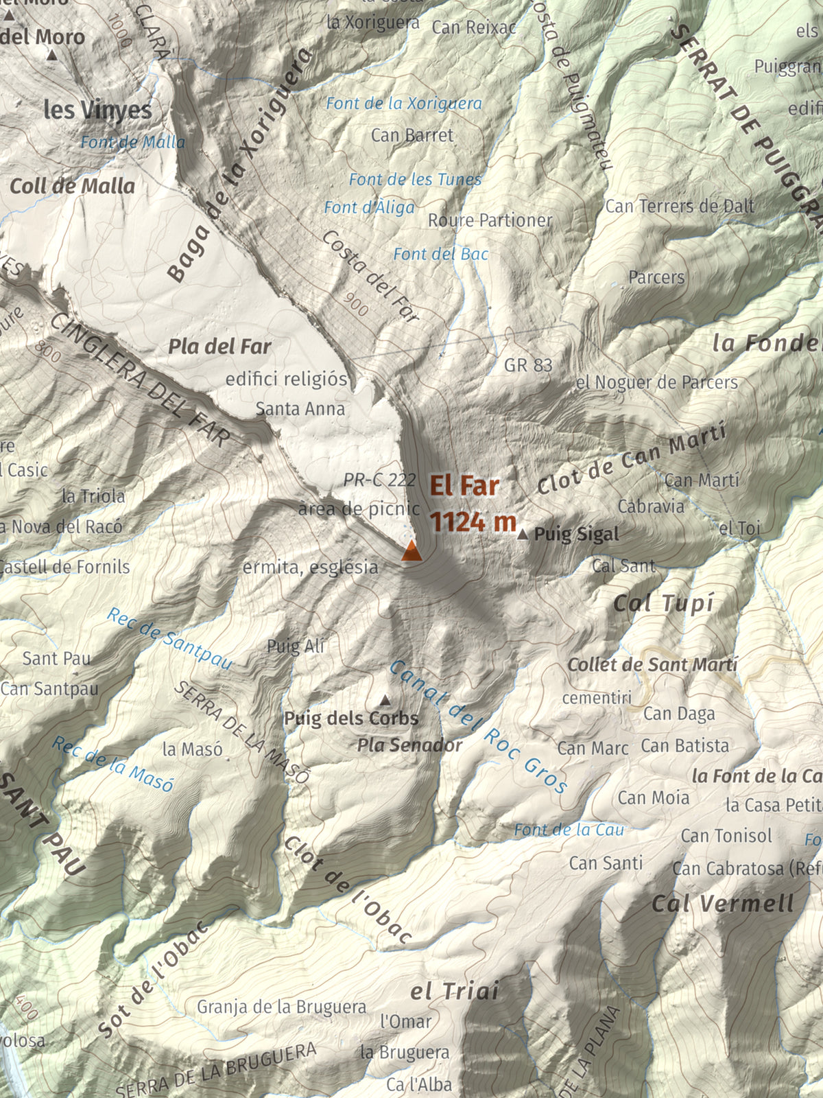 Mapa de relieve del Far, 1124 m, Selva, lámina 100 Cims de Trobart. Detalle de la zona central. 30 × 40 cm.