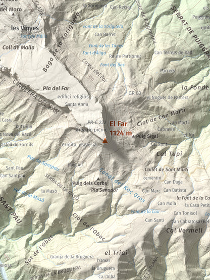 Mapa de relieve del Far, 1124 m, Selva, lámina 100 Cims de Trobart. Detalle de la zona central. 30 × 40 cm.
