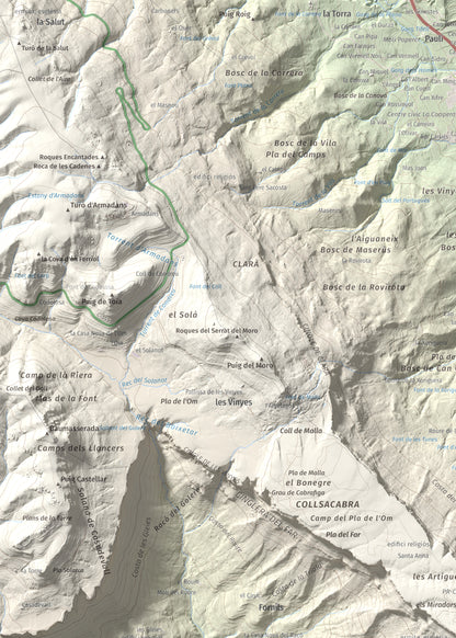 Mapa de relieve del Far, 1124 m, Selva, lámina 100 Cims de Trobart. Detalle de la zona superior izquierda. 50 × 70 cm.