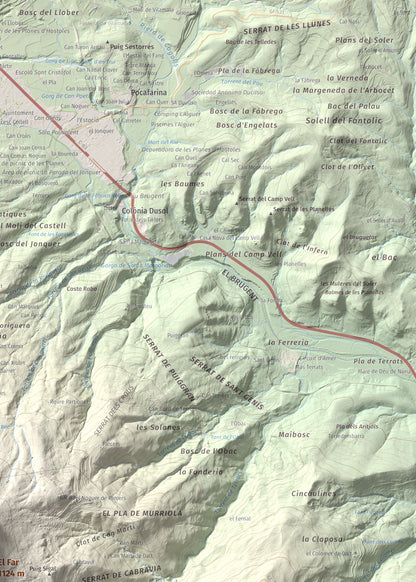 Mapa de relieve del Far, 1124 m, Selva, lámina 100 Cims de Trobart. Detalle de la zona superior derecha. 50 × 70 cm.