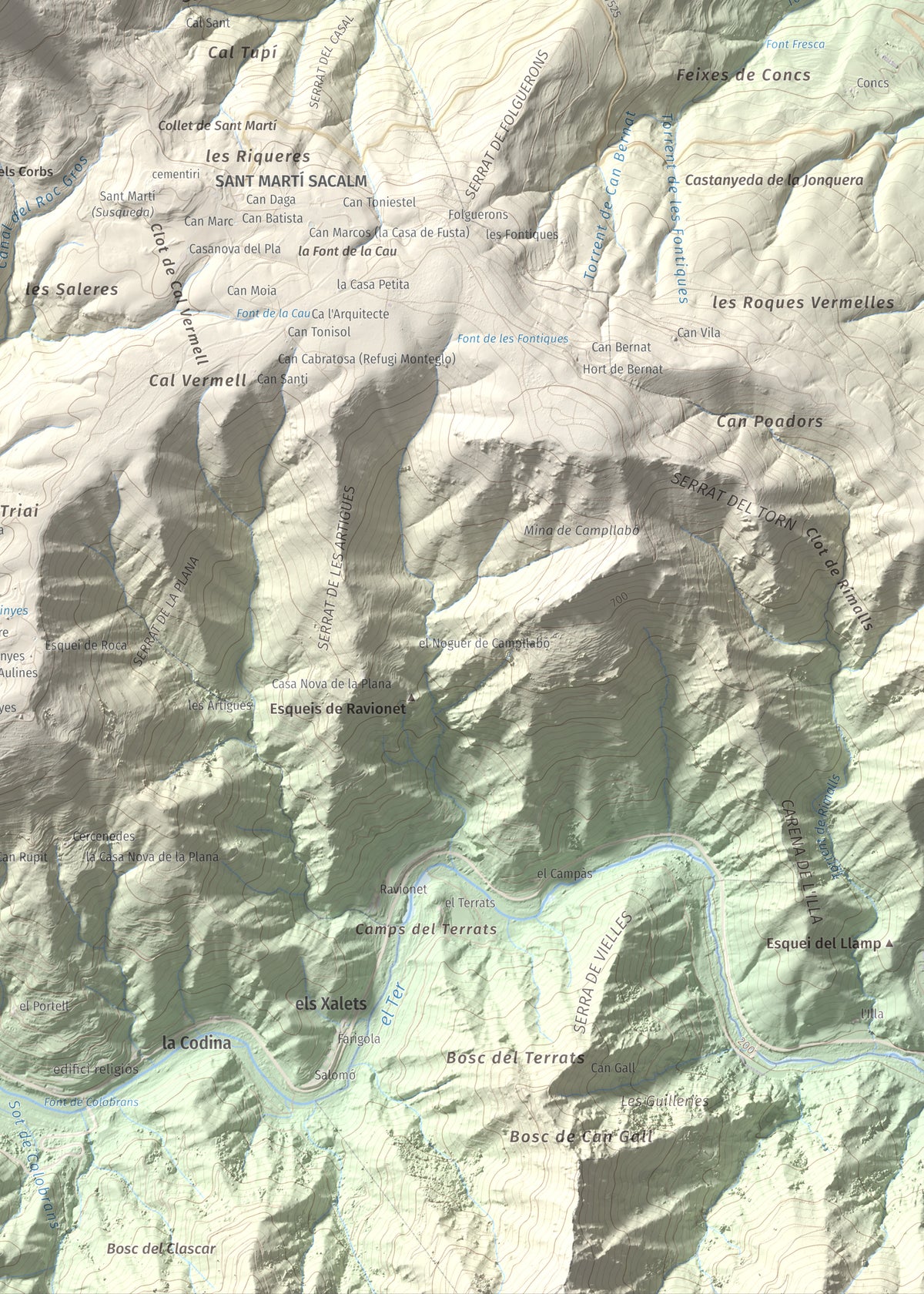Mapa de relieve del Far, 1124 m, Selva, lámina 100 Cims de Trobart. Detalle de la zona inferior derecha. 50 × 70 cm.