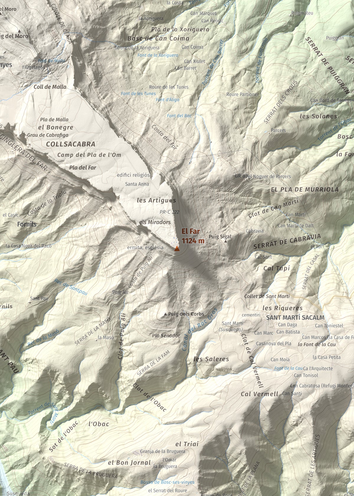 Mapa de relieve del Far, 1124 m, Selva, lámina 100 Cims de Trobart. Detalle de la zona central. 50 × 70 cm.