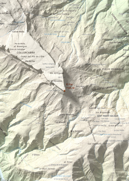 Mapa de relieve del Far, 1124 m, Selva, lámina 100 Cims de Trobart. Detalle de la zona central. 50 × 70 cm.