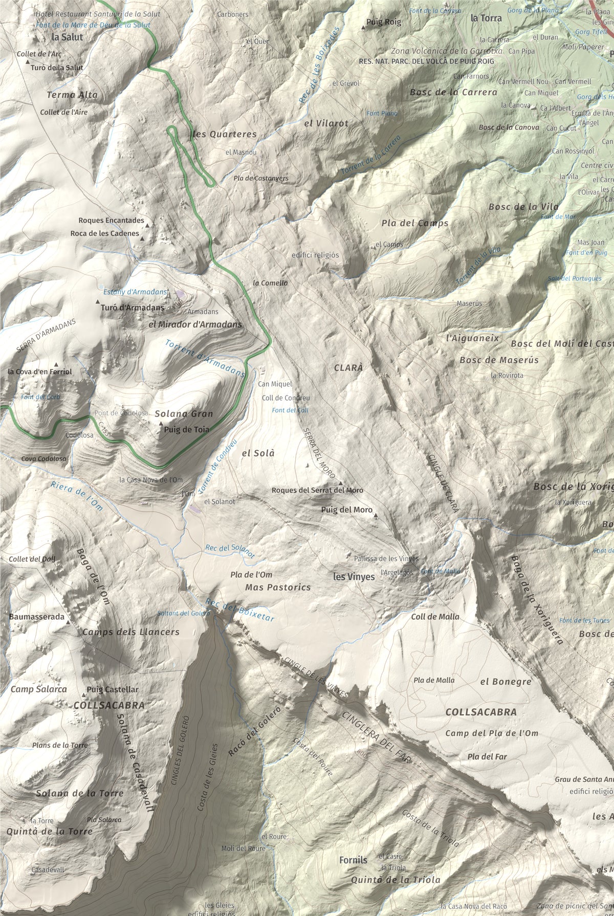 Mapa de relieve del Far, 1124 m, Selva, lámina 100 Cims de Trobart. Detalle de la zona superior izquierda. 61 × 91 cm.