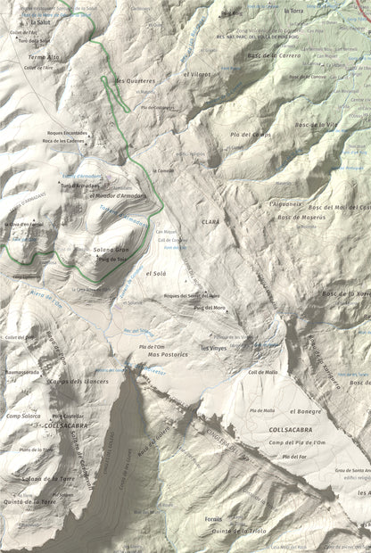 Mapa de relieve del Far, 1124 m, Selva, lámina 100 Cims de Trobart. Detalle de la zona superior izquierda. 61 × 91 cm.