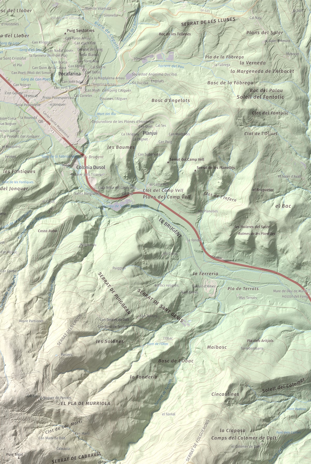 Mapa de relieve del Far, 1124 m, Selva, lámina 100 Cims de Trobart. Detalle de la zona superior derecha. 61 × 91 cm.