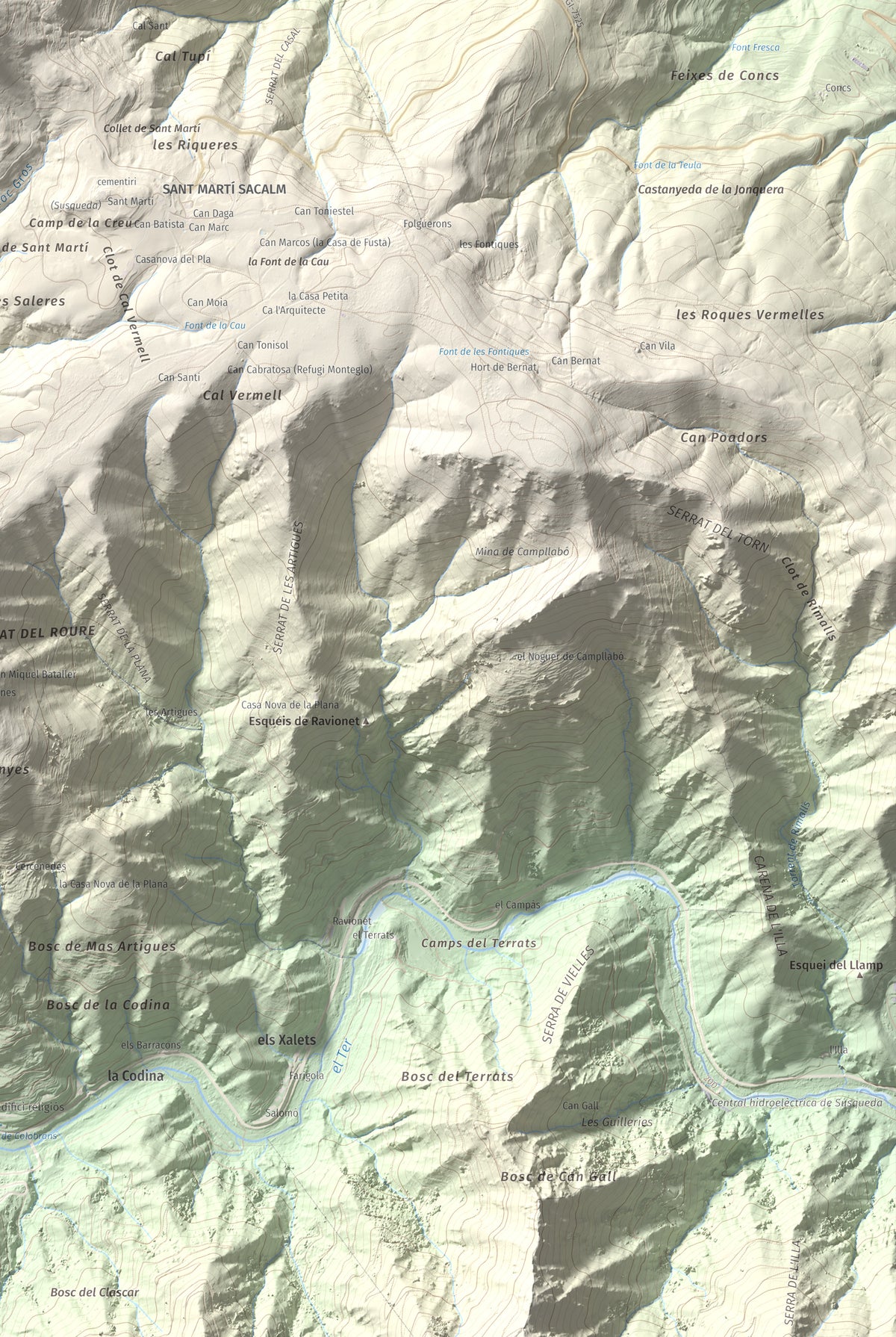 Mapa de relieve del Far, 1124 m, Selva, lámina 100 Cims de Trobart. Detalle de la zona inferior derecha. 61 × 91 cm.
