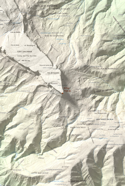 Mapa de relieve del Far, 1124 m, Selva, lámina 100 Cims de Trobart. Detalle de la zona central. 61 × 91 cm.