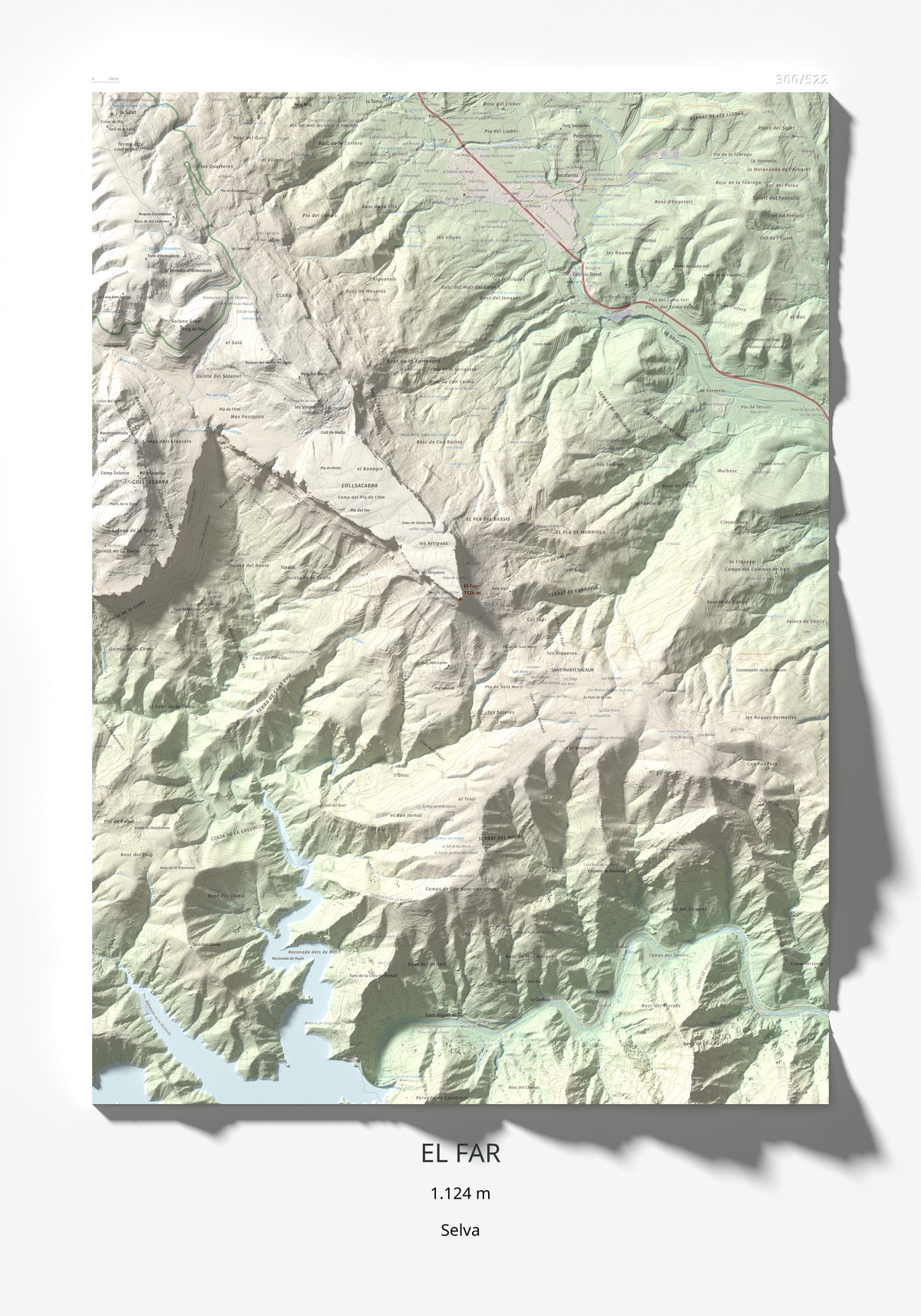 Mapa de relieve del Far, 1124 m, Selva, lámina 100 Cims de Trobart 70 × 100 cm.
