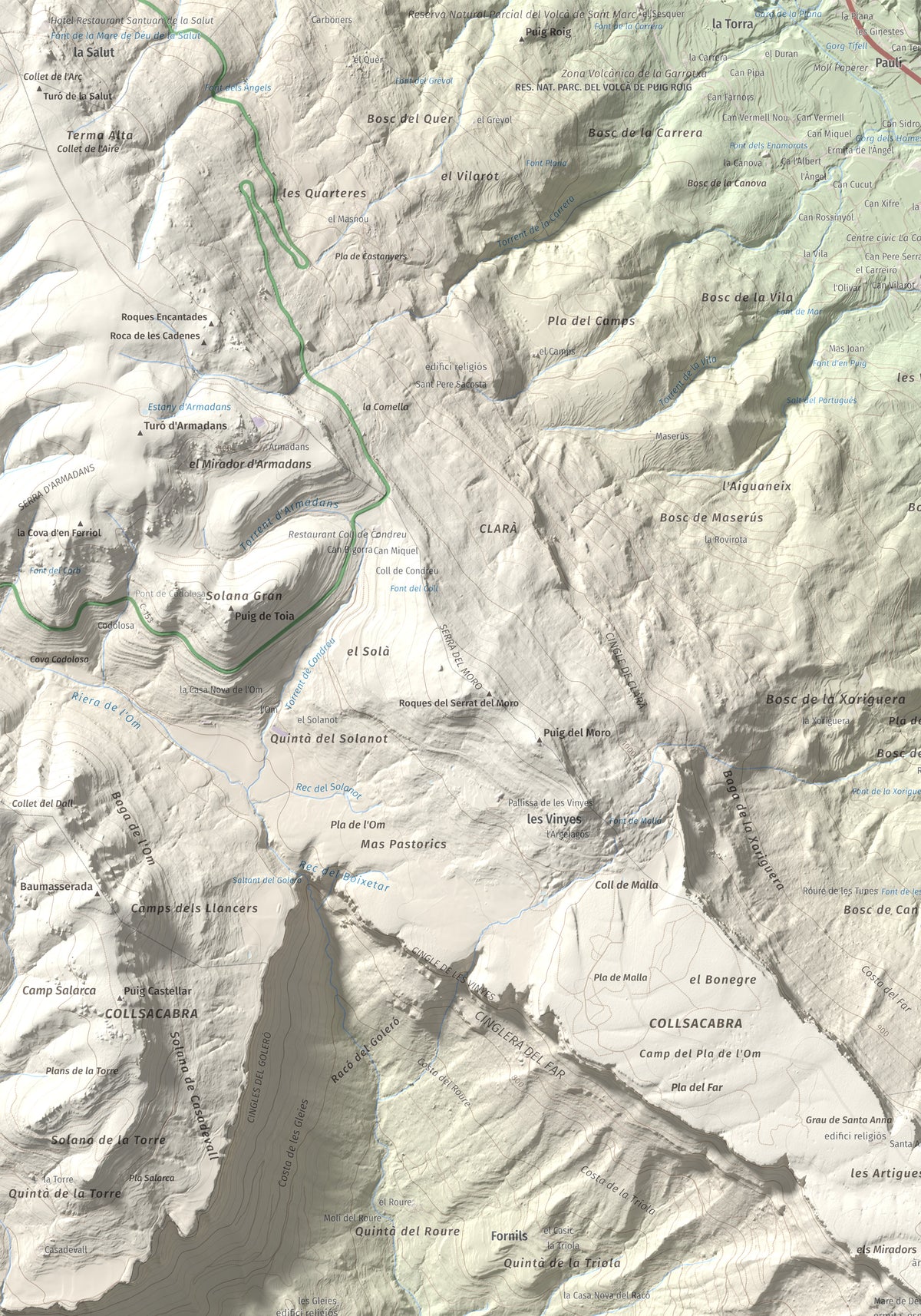 Mapa de relieve del Far, 1124 m, Selva, lámina 100 Cims de Trobart. Detalle de la zona superior izquierda. 70 × 100 cm.