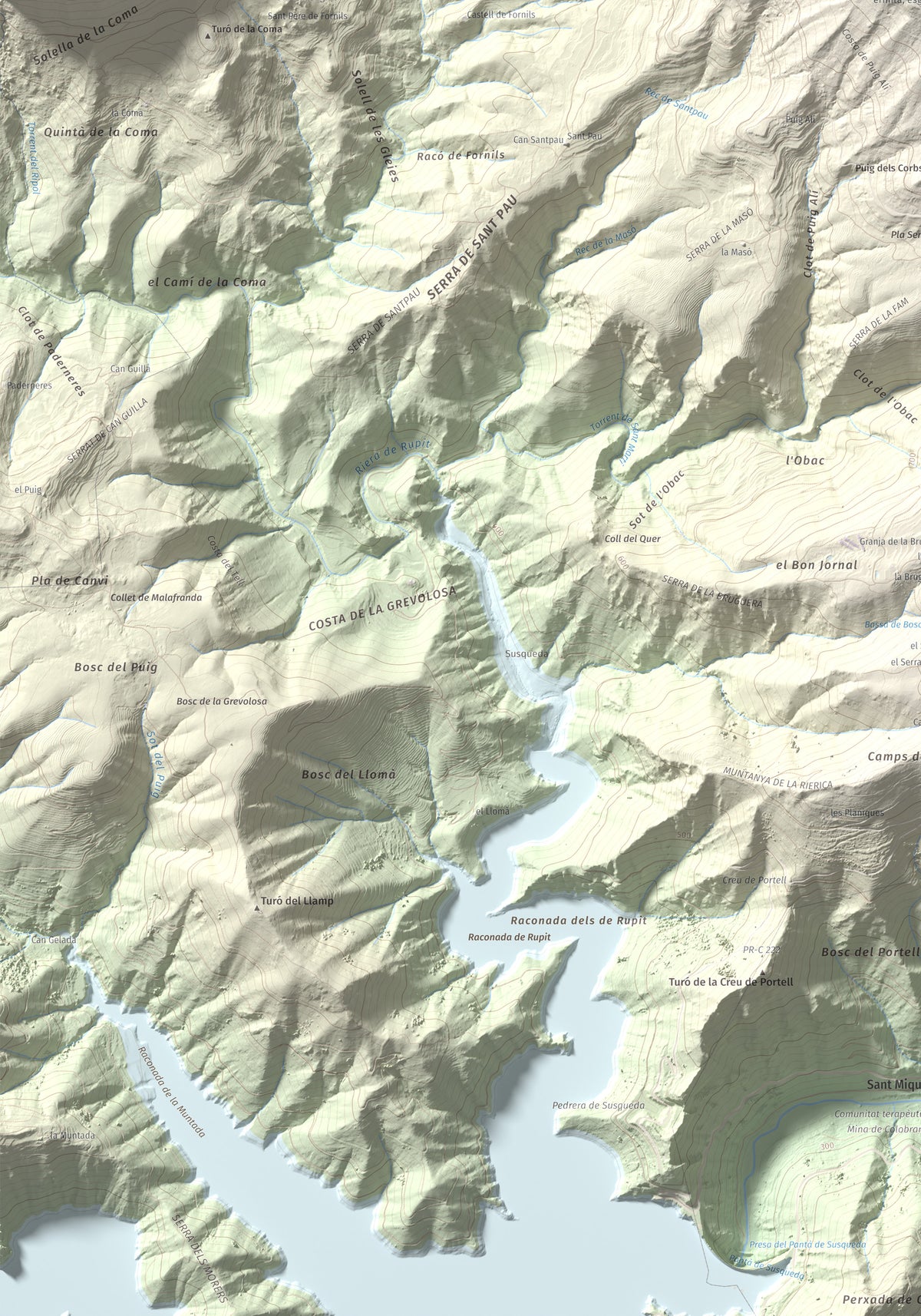Mapa de relieve del Far, 1124 m, Selva, lámina 100 Cims de Trobart. Detalle de la zona inferior izquierda. 70 × 100 cm.