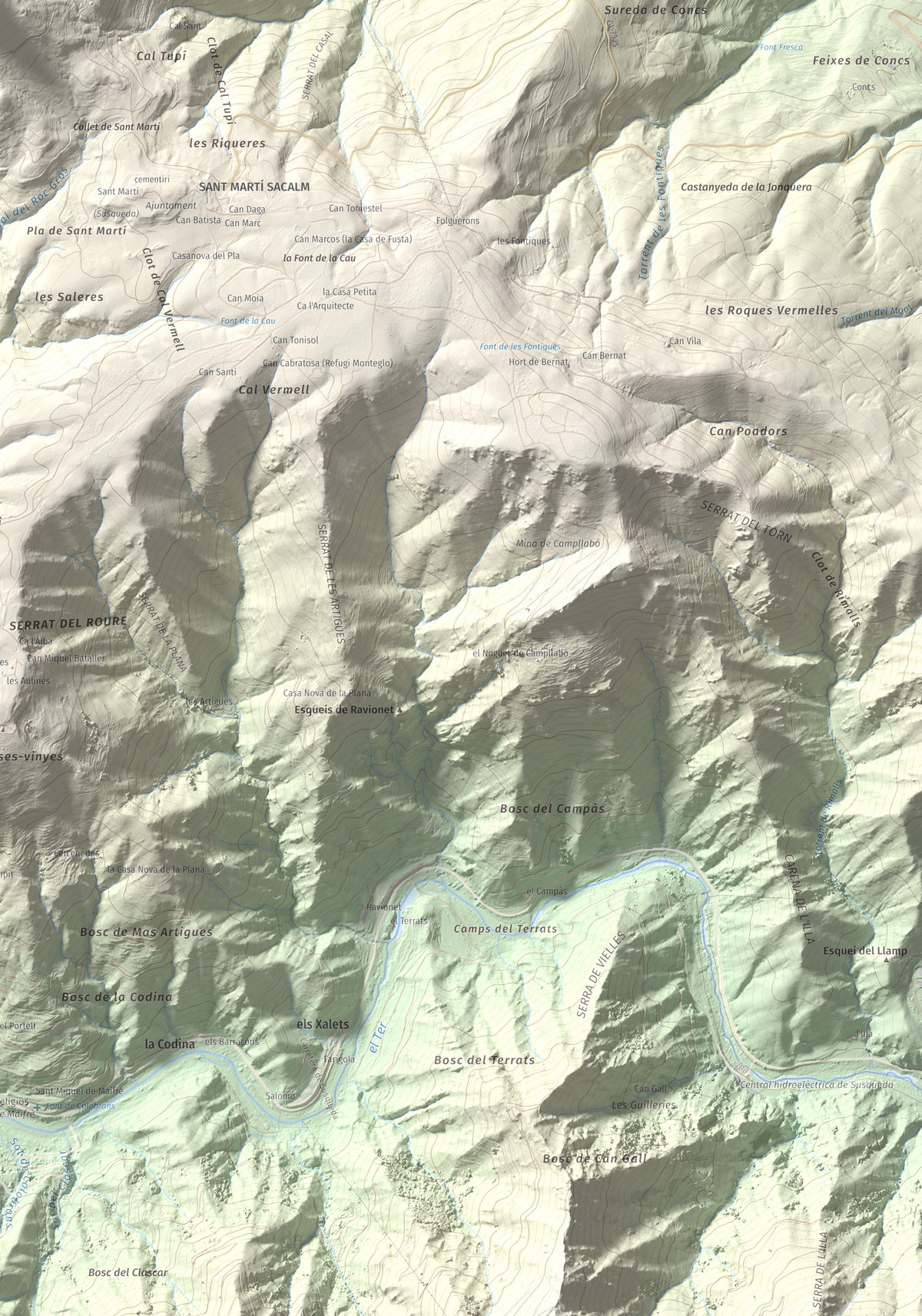 Mapa de relieve del Far, 1124 m, Selva, lámina 100 Cims de Trobart. Detalle de la zona inferior derecha. 70 × 100 cm.