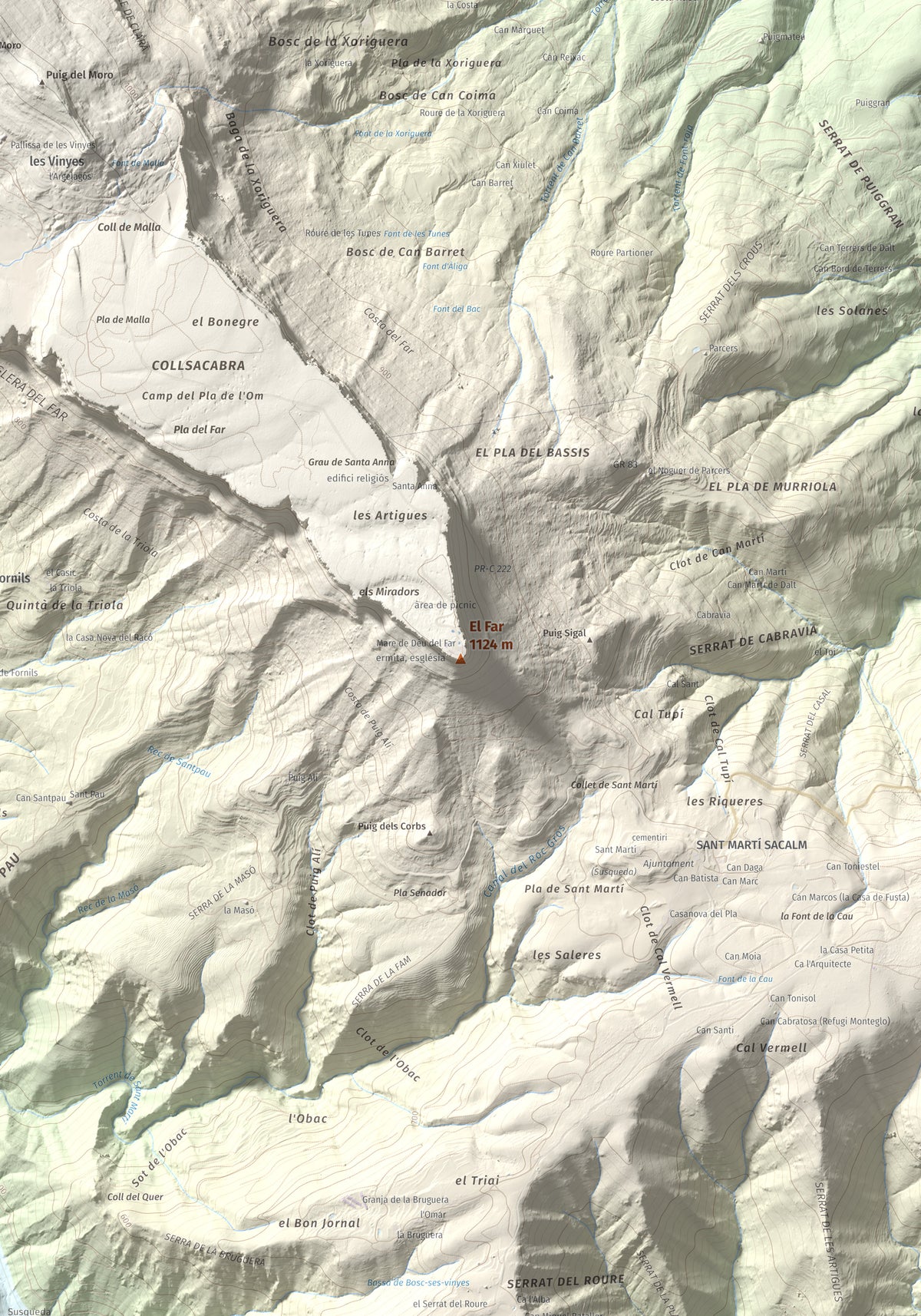 Mapa de relieve del Far, 1124 m, Selva, lámina 100 Cims de Trobart. Detalle de la zona central. 70 × 100 cm.