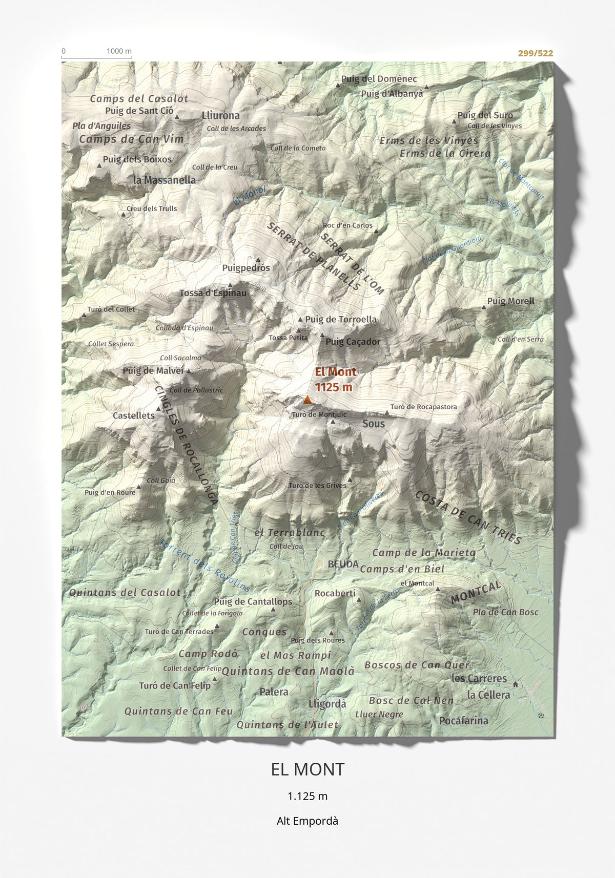 Mapa de relieve del Mont, 1125 m, Alt Empordà, lámina 100 Cims de Trobart 21 × 30 cm.
