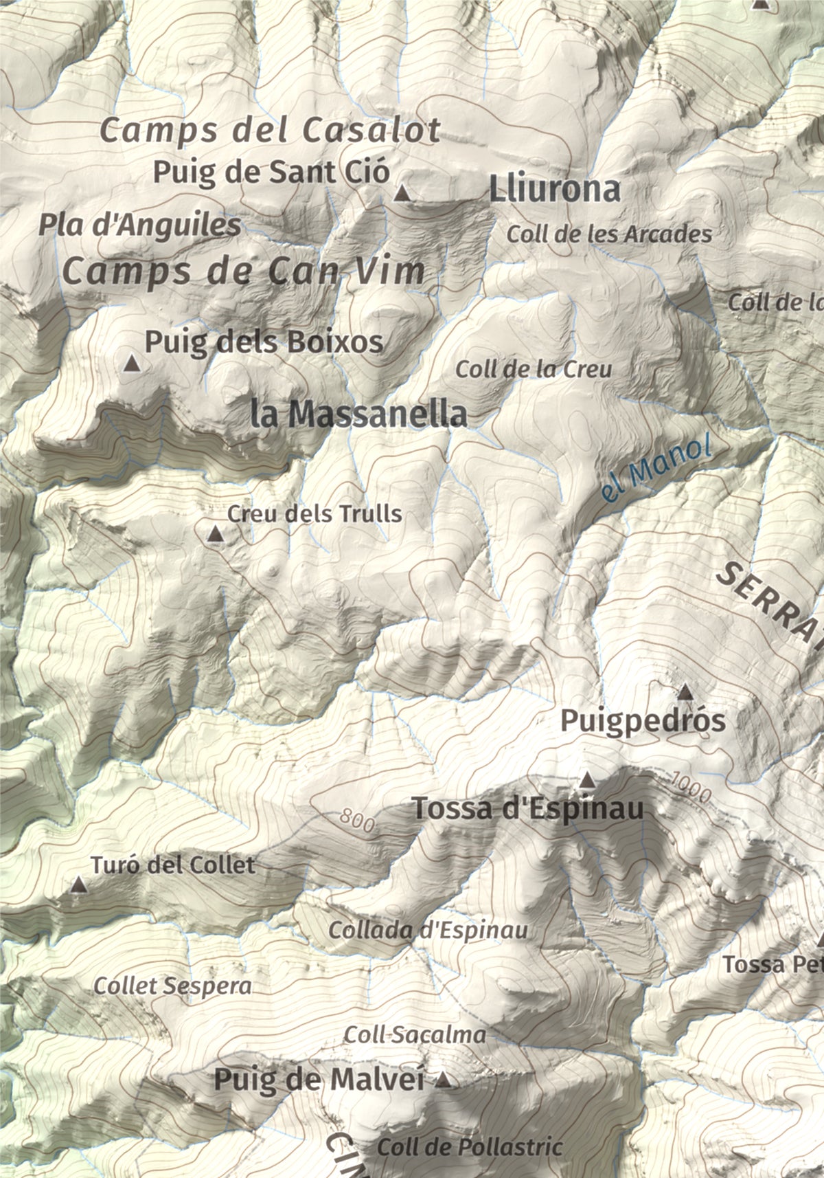 Mapa de relieve del Mont, 1125 m, Alt Empordà, lámina 100 Cims de Trobart. Detalle de la zona superior izquierda. 21 × 30 cm.