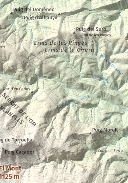Mapa de relieve del Mont, 1125 m, Alt Empordà, lámina 100 Cims de Trobart. Detalle de la zona superior derecha. 21 × 30 cm.