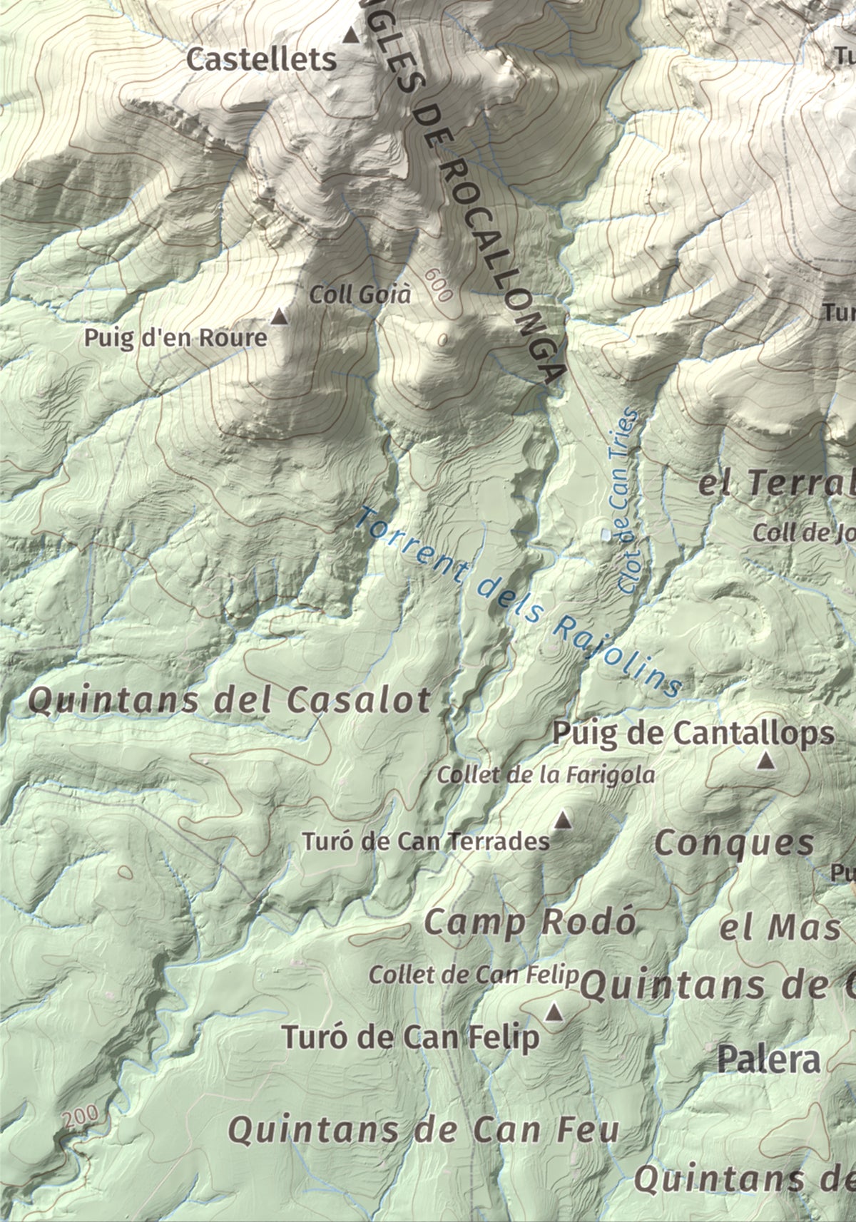 Mapa de relieve del Mont, 1125 m, Alt Empordà, lámina 100 Cims de Trobart. Detalle de la zona inferior izquierda. 21 × 30 cm.