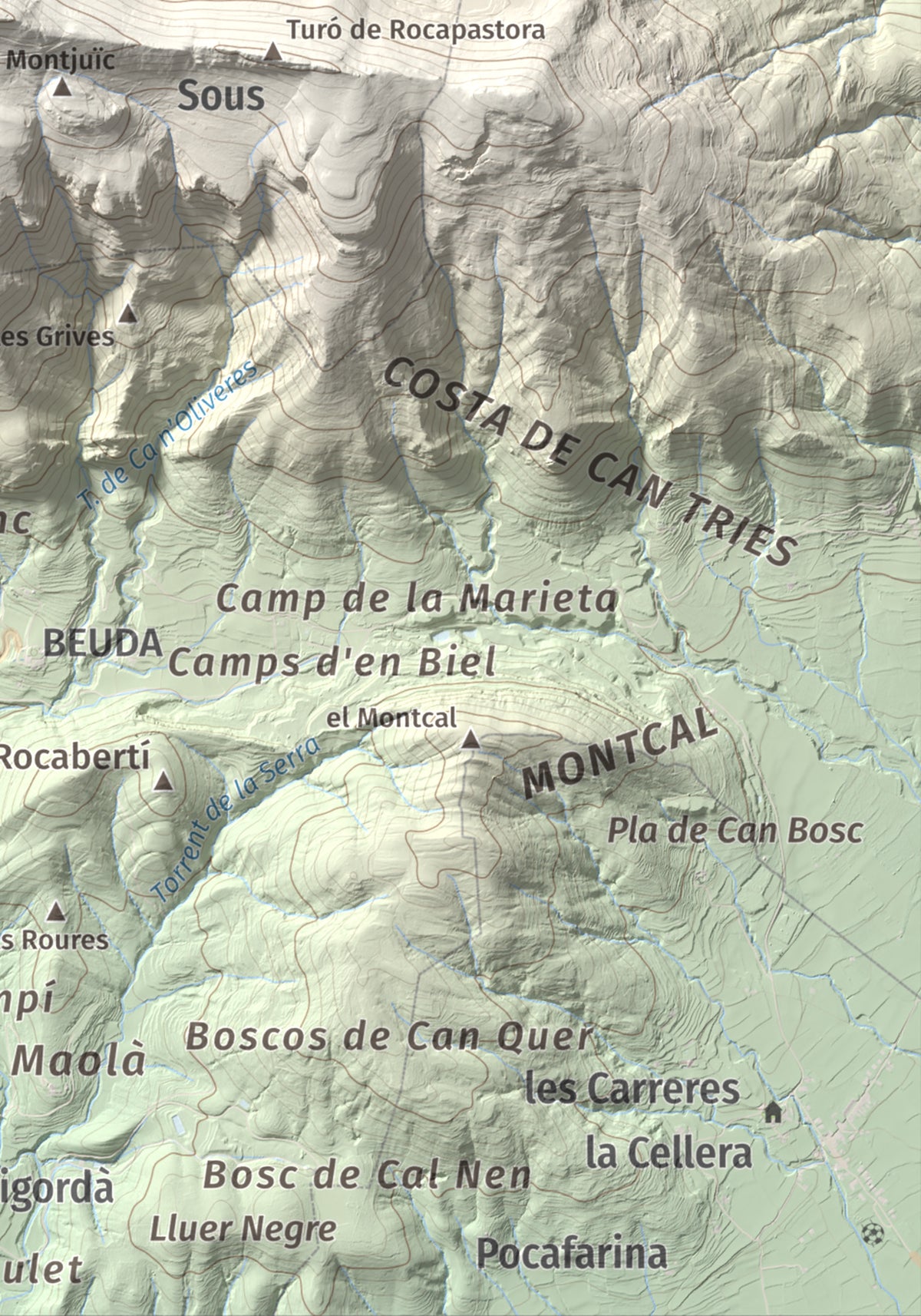 Mapa de relieve del Mont, 1125 m, Alt Empordà, lámina 100 Cims de Trobart. Detalle de la zona inferior derecha. 21 × 30 cm.
