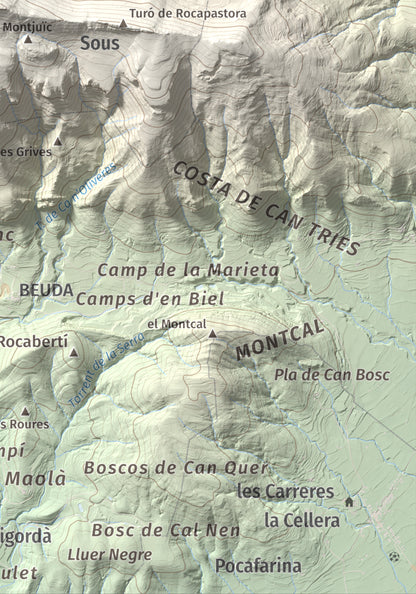 Mapa de relieve del Mont, 1125 m, Alt Empordà, lámina 100 Cims de Trobart. Detalle de la zona inferior derecha. 21 × 30 cm.