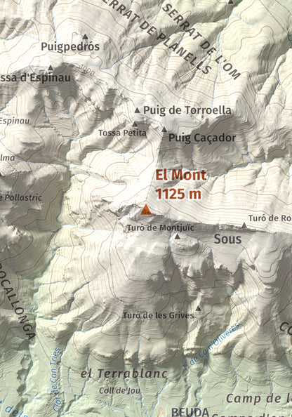 Mapa de relieve del Mont, 1125 m, Alt Empordà, lámina 100 Cims de Trobart. Detalle de la zona central. 21 × 30 cm.