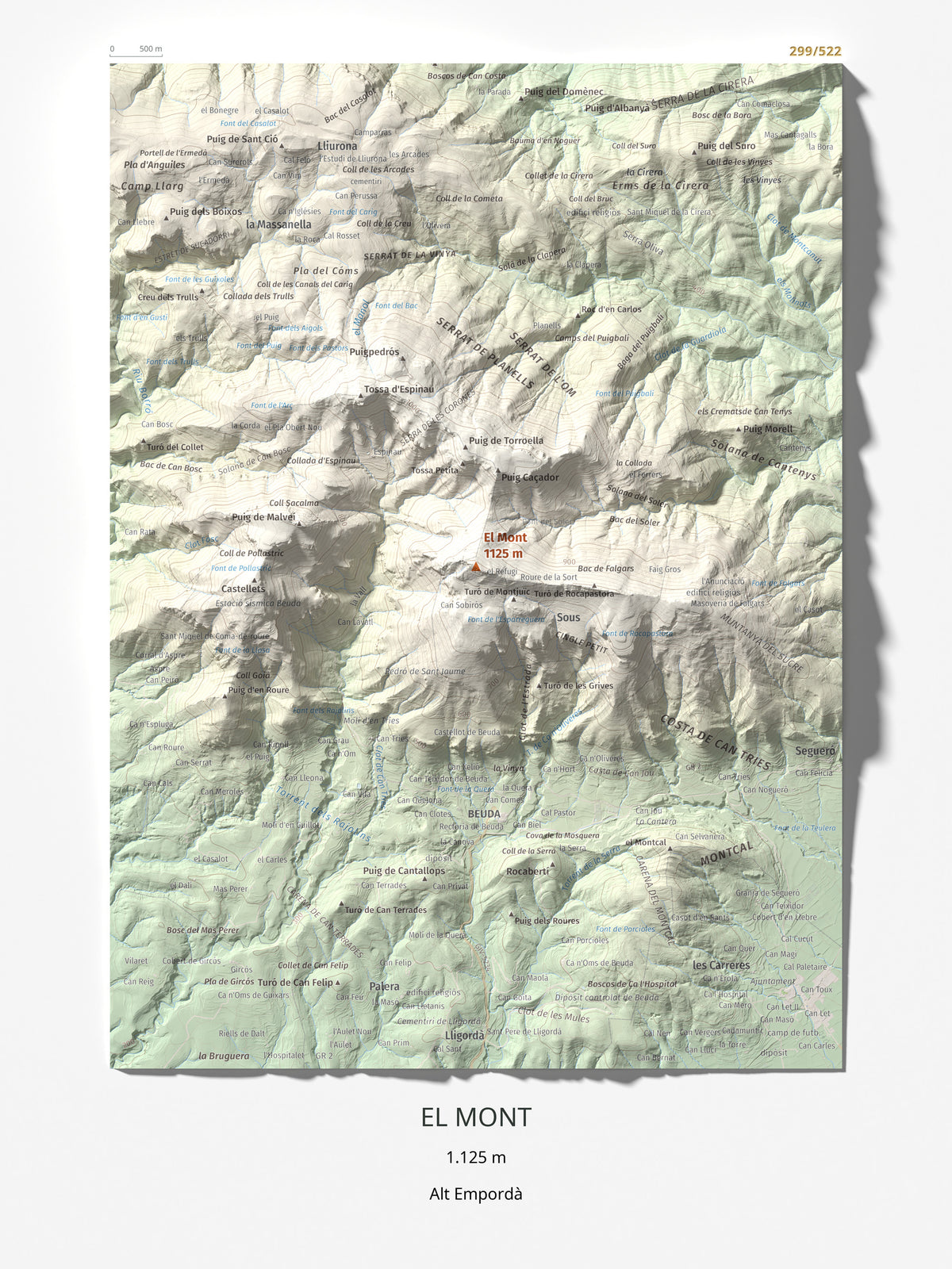 Mapa de relieve del Mont, 1125 m, Alt Empordà, lámina 100 Cims de Trobart 30 × 40 cm.