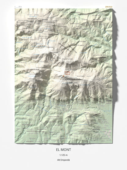 Mapa de relieve del Mont, 1125 m, Alt Empordà, lámina 100 Cims de Trobart 30 × 40 cm.