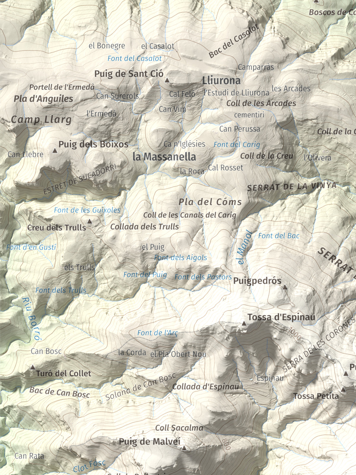 Mapa de relieve del Mont, 1125 m, Alt Empordà, lámina 100 Cims de Trobart. Detalle de la zona superior izquierda. 30 × 40 cm.
