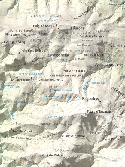 Mapa de relieve del Mont, 1125 m, Alt Empordà, lámina 100 Cims de Trobart. Detalle de la zona superior izquierda. 30 × 40 cm.
