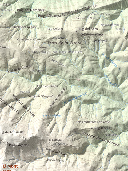 Mapa de relieve del Mont, 1125 m, Alt Empordà, lámina 100 Cims de Trobart. Detalle de la zona superior derecha. 30 × 40 cm.