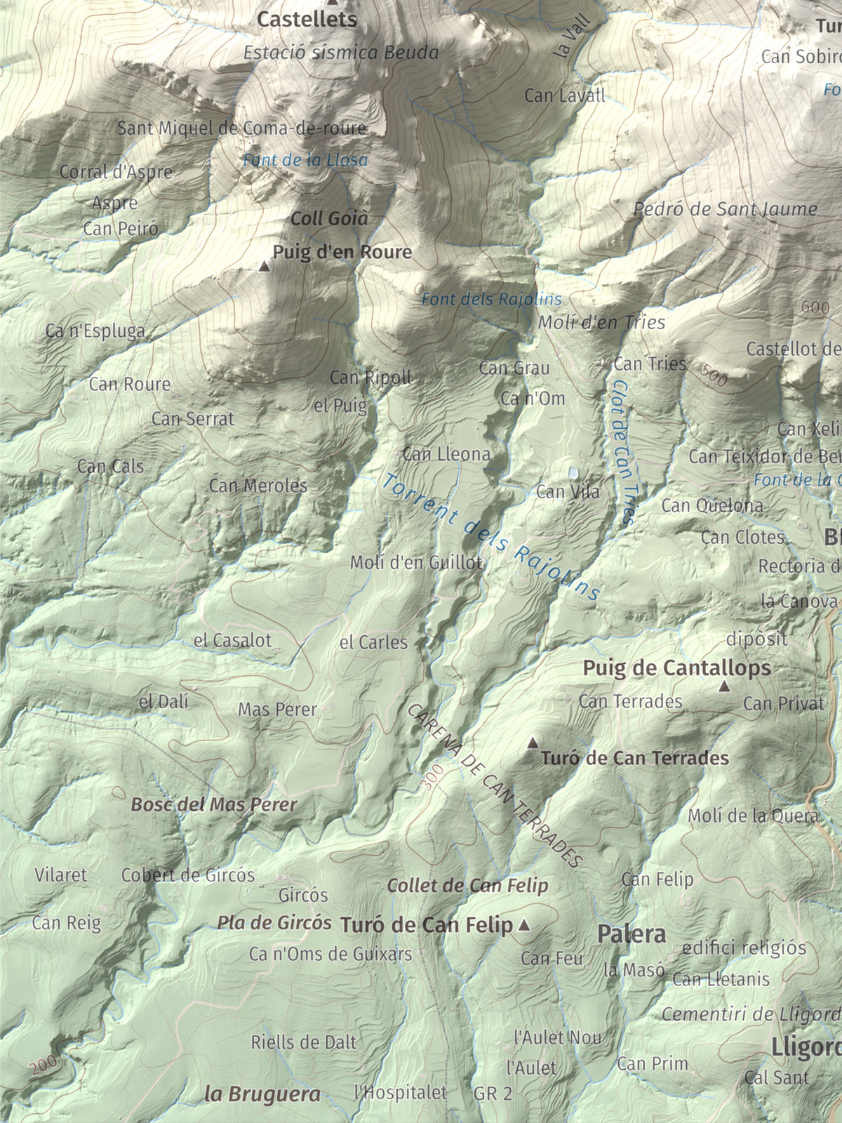 Mapa de relieve del Mont, 1125 m, Alt Empordà, lámina 100 Cims de Trobart. Detalle de la zona inferior izquierda. 30 × 40 cm.