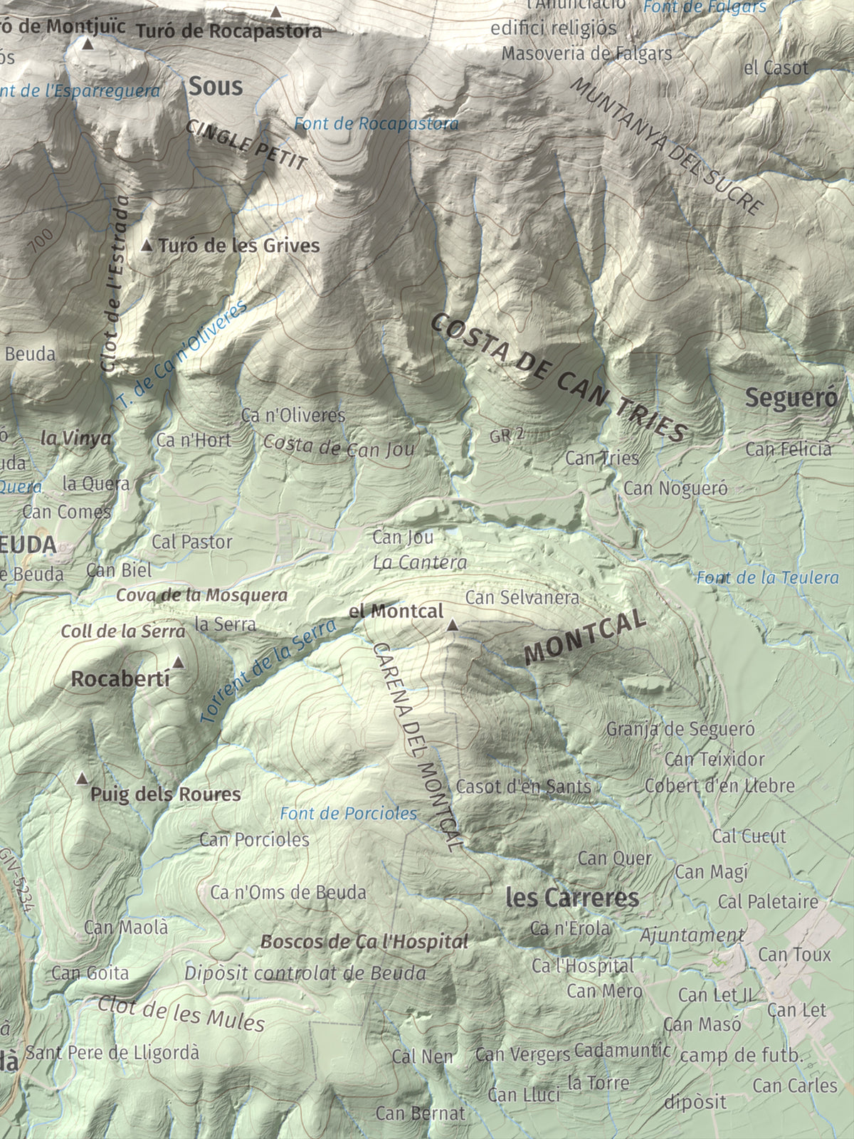 Mapa de relieve del Mont, 1125 m, Alt Empordà, lámina 100 Cims de Trobart. Detalle de la zona inferior derecha. 30 × 40 cm.
