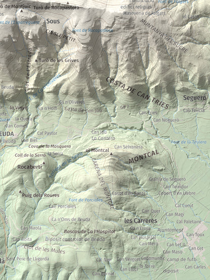 Mapa de relieve del Mont, 1125 m, Alt Empordà, lámina 100 Cims de Trobart. Detalle de la zona inferior derecha. 30 × 40 cm.
